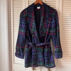 Neiman Marcus // vintage wool blend plaid fringe wrap jacket size large fb1